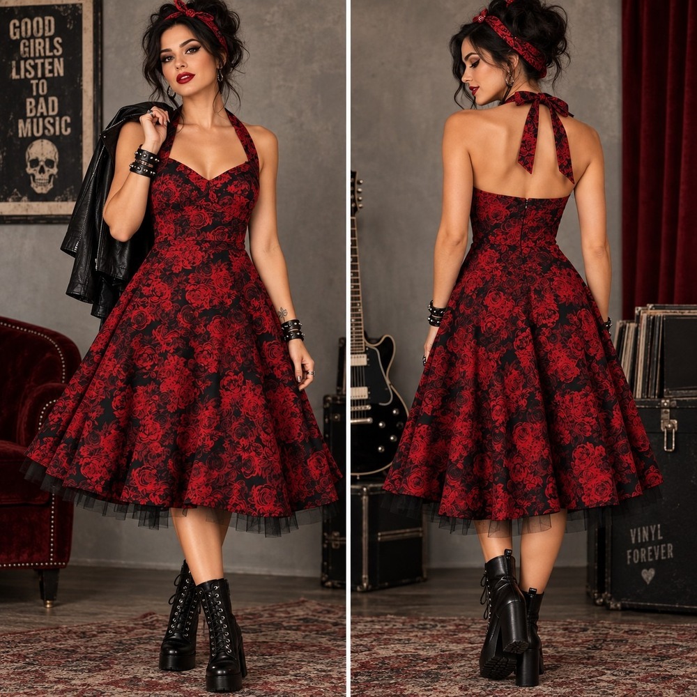 Hot Topic Black Red Floral Swing Dress Halter Backless Goth Fairy Rock Sz Large